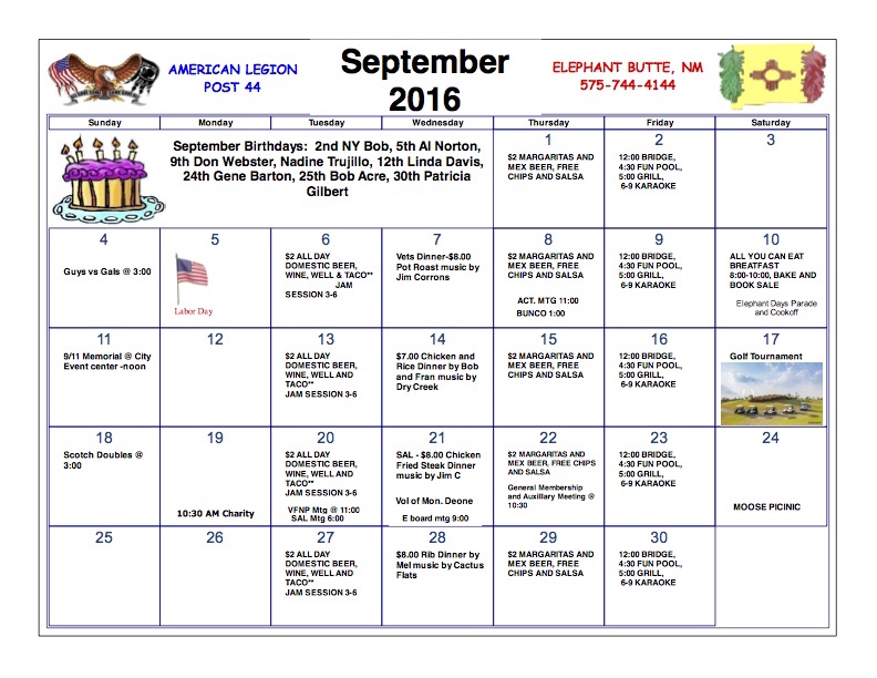American Legion Events Calendar September 2016
