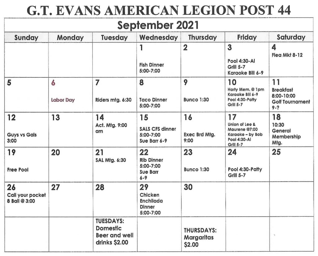 American Legion Post 44 Events Calendar | G. T. Evans Post #44