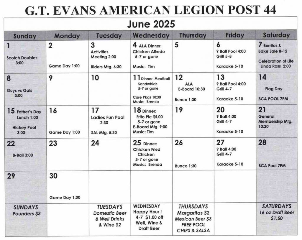 American Legion Post 44 Calendar
