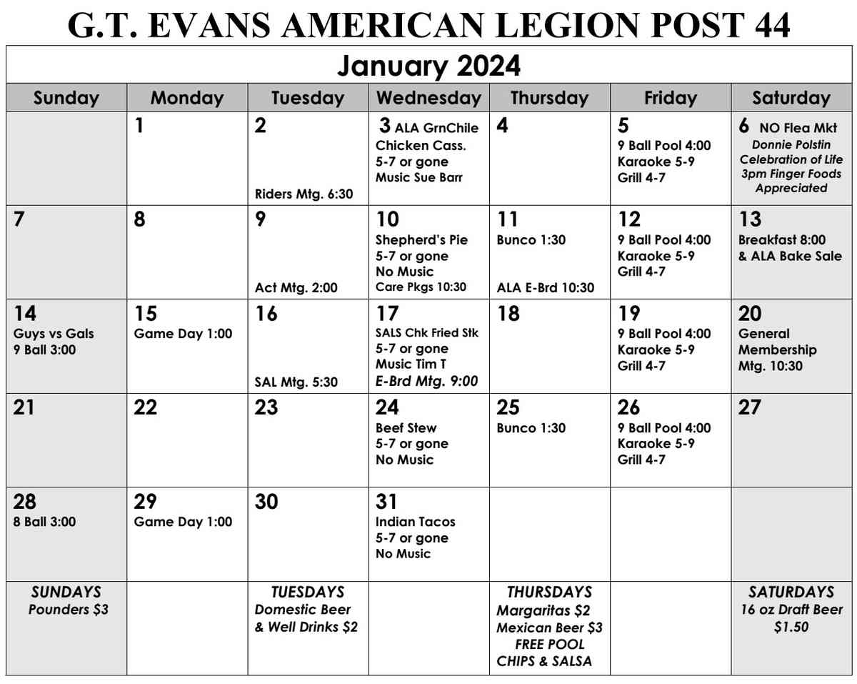 American Legion Post 44 Events Calendar | G. T. Evans Post #44