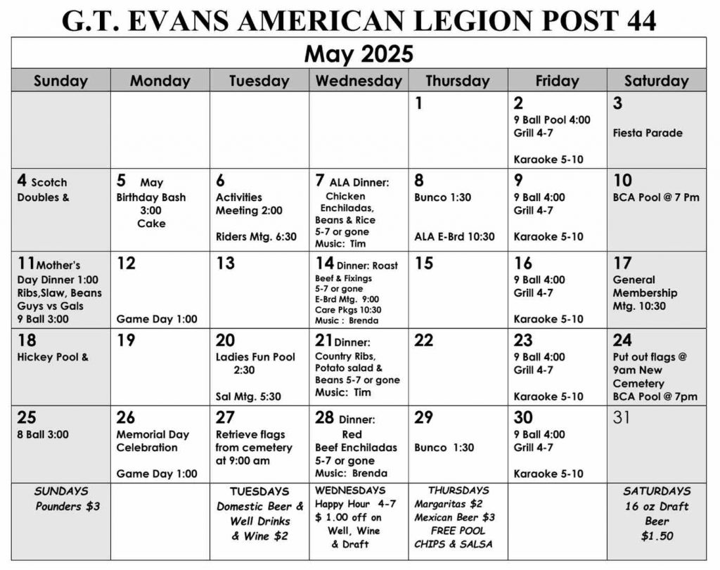 American Legion Post 44 Calendar